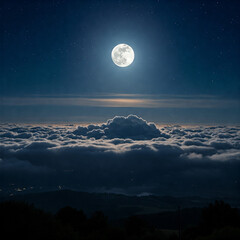 Wall Mural - moon over the cloud. serene night sky with a bright full moon glowing above thick clouds casting a peaceful light over the landscape. The calm atmosphere evokes feelings of tranquility mystery.