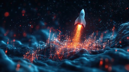 Poster - New project and Startup concept with rocket flying up with dotted trajectory above light growth graph on blue technology background. 3D rendering