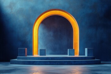 Poster - abstract glowing arch on a blue podium with geometric shapes