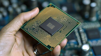 Poster - An individual holding a central processing unit with careful precision in a high-tech environment