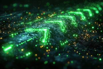 Poster - glowing green arrows and futuristic lights over a circuit-board-like surface