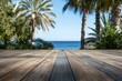 © Waris - Wooden floor with a beautiful beach and palm tree background, a product display backdrop