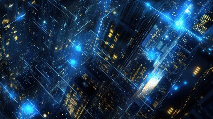 Poster - Night city digital network, glowing buildings, aerial view, technology