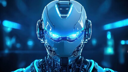 Poster - Futuristic humanoid robot with luminous blue eyes, intricate metallic design, and high-tech features in a dark, illuminated environment