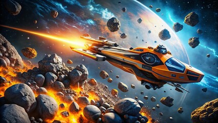 Poster - Orange & Black Spaceship Navigating Asteroid Field - Double Exposure Stock Photo