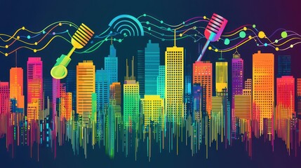 Poster - A colorful podcast graphic showing a vibrant city skyline with microphones and soundwaves above it.