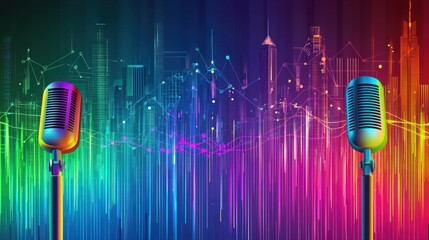 Poster - A colorful podcast graphic showing a vibrant city skyline with microphones and soundwaves above it.
