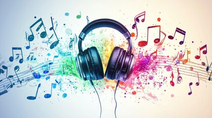 Poster - A colorful podcast illustration with headphones, microphones, and music notes intertwined.