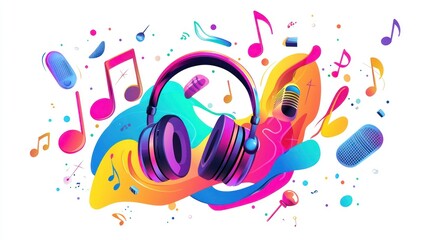 Poster - A colorful podcast illustration with headphones, microphones, and music notes intertwined.