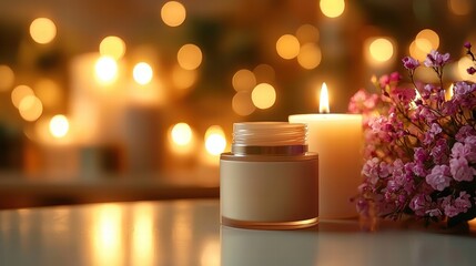 Poster - Beautiful arrangement of a candle next to a vase filled with fresh flowers on a soft background