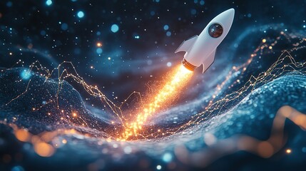 Aufkleber - New project and Startup concept with rocket flying up with dotted trajectory above light growth graph on blue technology background. 3D rendering