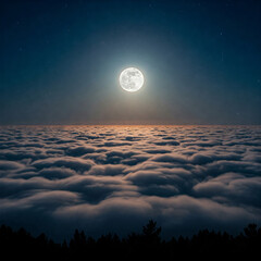 Wall Mural - moon over the cloud. serene night sky with a bright full moon glowing above thick clouds casting a peaceful light over the landscape. The calm atmosphere evokes feelings of tranquility mystery.