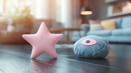 Poster - Playful pink star and blue denim ball on a white surface creating a fun and vibrant composition