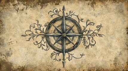 Poster - A compass drawing with artistic embellishments, such as vines and scrollwork.
