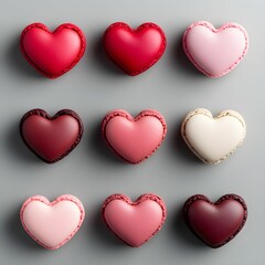 Wall Mural - Delicious heart-shaped macarons in various shades arranged neatly on a gray background