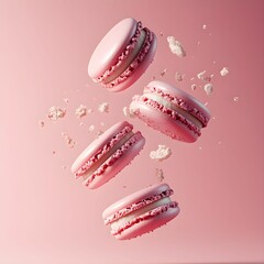 delicate pink macarons floating against a soft pastel background create a whimsical and delightful d