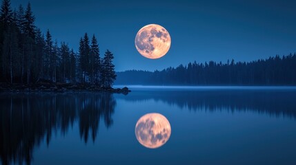 Poster - Serene Moon Reflection Over Calm Lake Surrounded by Pine Trees Under Clear Night Sky with Beautiful Blue Tones and Soft Mist On Water Surface