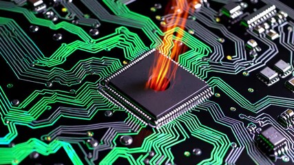 Poster - Green circuit paths surround burning microchip. Electronic component failure creates dramatic fire eruption from silicon core. Static macro shot.