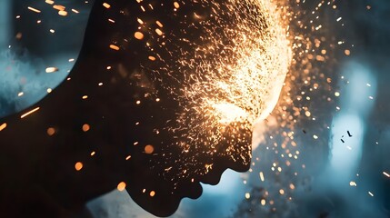 Poster - Human Head Silhouette with Sparkles and Glowing Effects