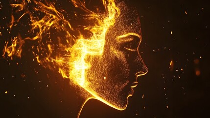 Poster - Woman's Profile Surrounded by Fiery Flames and Glowing Sparks