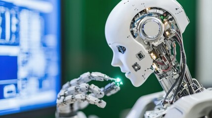 Poster - Futuristic Robot with Advanced Technology Interacting with Digital Screen in Modern Laboratory Environment