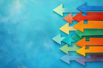 Poster - Bright Geometric Arrows on Abstract Blue Background in Vibrant Creative Colors