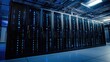 © TommyNa - A modern data center with black server racks, glowing blue LED lights, and organized overhead cables. Ideal for technology, cloud computing, and cybersecurity themes
