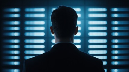 Poster - Futuristic AI Technology with Backlit Figure in Business Attire Facing a Digital Environment