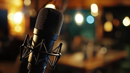 Poster - A confident podcast host speaking into a microphone in a professional studio.