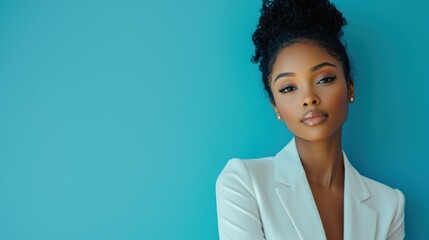 Poster - A confident woman standing against a clean blue background, showcasing a professional look.