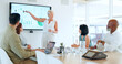 © peopleimages.com - Presentation, finance meeting and business people or team with graph on screen for SEO, kpi and benchmarking results or report together. Speaker or leader with men and women for sales and growth