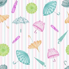 seamless pattern with watercolor umbrellas on multi-colored stripes. perfect for textile, fabric, wr