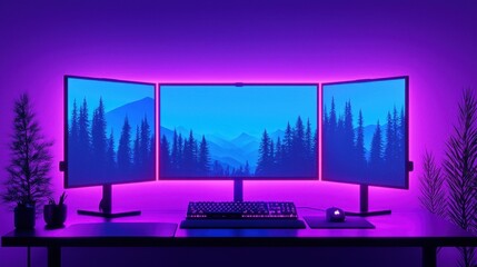 Poster - Triple Monitor Setup with Ambient Lighting and Scenic Mountain View Background for Modern Workspace and Gaming Environment