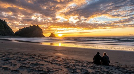 Poster - A couple sitting on a beach, watching the sun dip below the horizon in a peaceful moment.