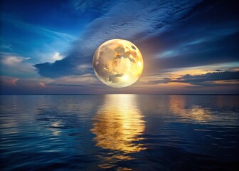 Wall Mural - Panoramic Night Sky: Luminous Full Moon over Serene Ocean