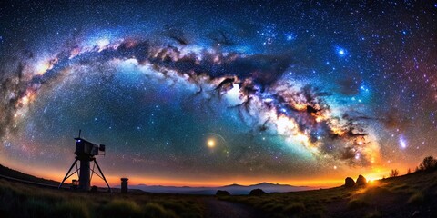 Wall Mural - Panoramic Night Sky Astrophotography: Powerful Telescope Under a Starry Galaxy