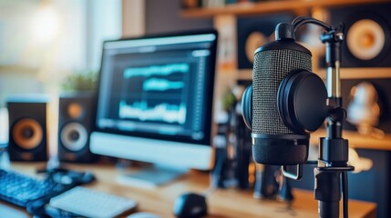 Poster - A cozy home workspace with a desktop screen paused on a popular podcast interface