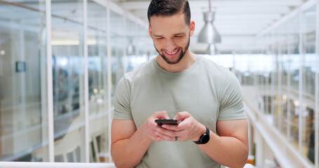 Poster - Businessman, typing or phone in modern office on social media app, Portugal web design or digital marketing logo. Smile, happy or creative designer on mobile technology for branding growth management