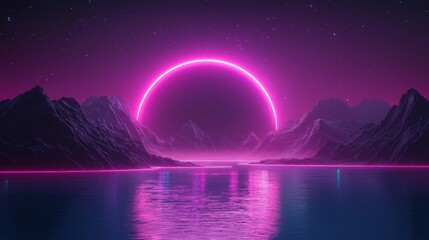 Poster - Vibrant Neon Sunset Over Serene Waters with Majestic Mountains and a Night Sky Full of Stars, Creating a Dreamy Futuristic Landscape