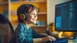 © peerawat - A cheerful customer service representative wearing a headset, smiling while typing on a computer