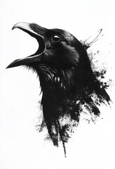 Poster - Black and White Artistic Illustration of a Bird with Open Beak and Abstract Ink Splash Effect