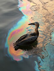 Poster - Seabird struggles in oil spill featuring rainbow sheen on the ocean surface during twilight hours. Generative AI