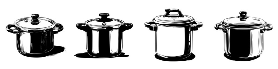 Poster - Hand drawn vector illustration showcasing a variety of pots in different styles and textures for culinary use in a kitchen setting