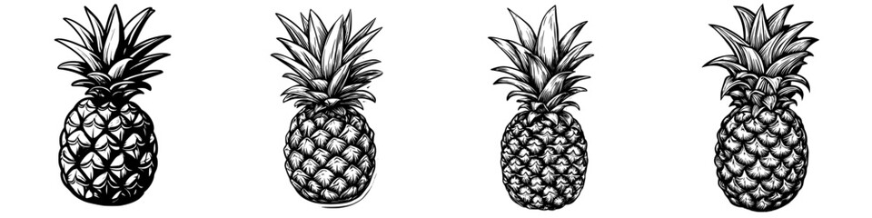Poster - Hand drawn vector illustration of four pineapples showcasing intricate details in a monochrome style