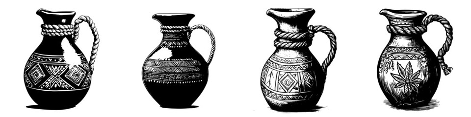 Poster - Hand-drawn vector illustration of decorative pottery jugs showcasing intricate designs and craftsmanship