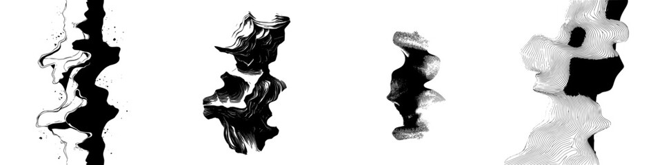 Poster - Hand drawn vector illustrations showcasing abstract shapes with various textures and patterns in a monochromatic palette