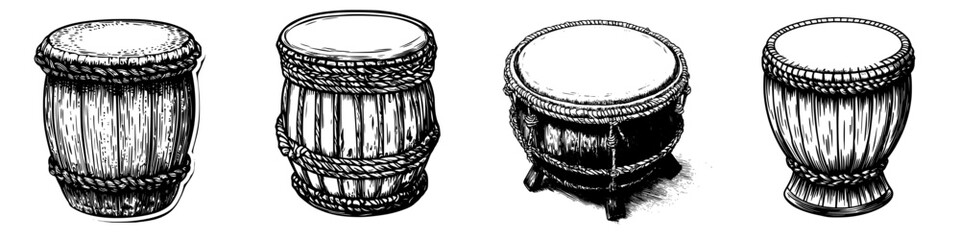 Poster - Hand drawn vector illustration of various traditional drums showcasing their unique shapes and textures in rhythmic music culture