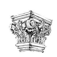 Poster - Hand-drawn vector sketch of an ornate architectural column capital showcasing intricate floral designs and classical motifs