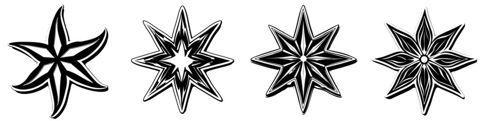 Poster - Hand-drawn vector illustration of decorative star shapes showcasing various designs and patterns in black and white