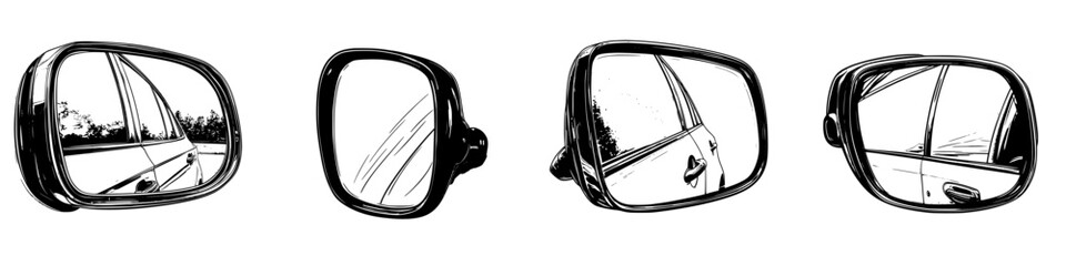 Poster - Hand drawn vector illustration of various car side mirrors showing reflections of the road and surroundings